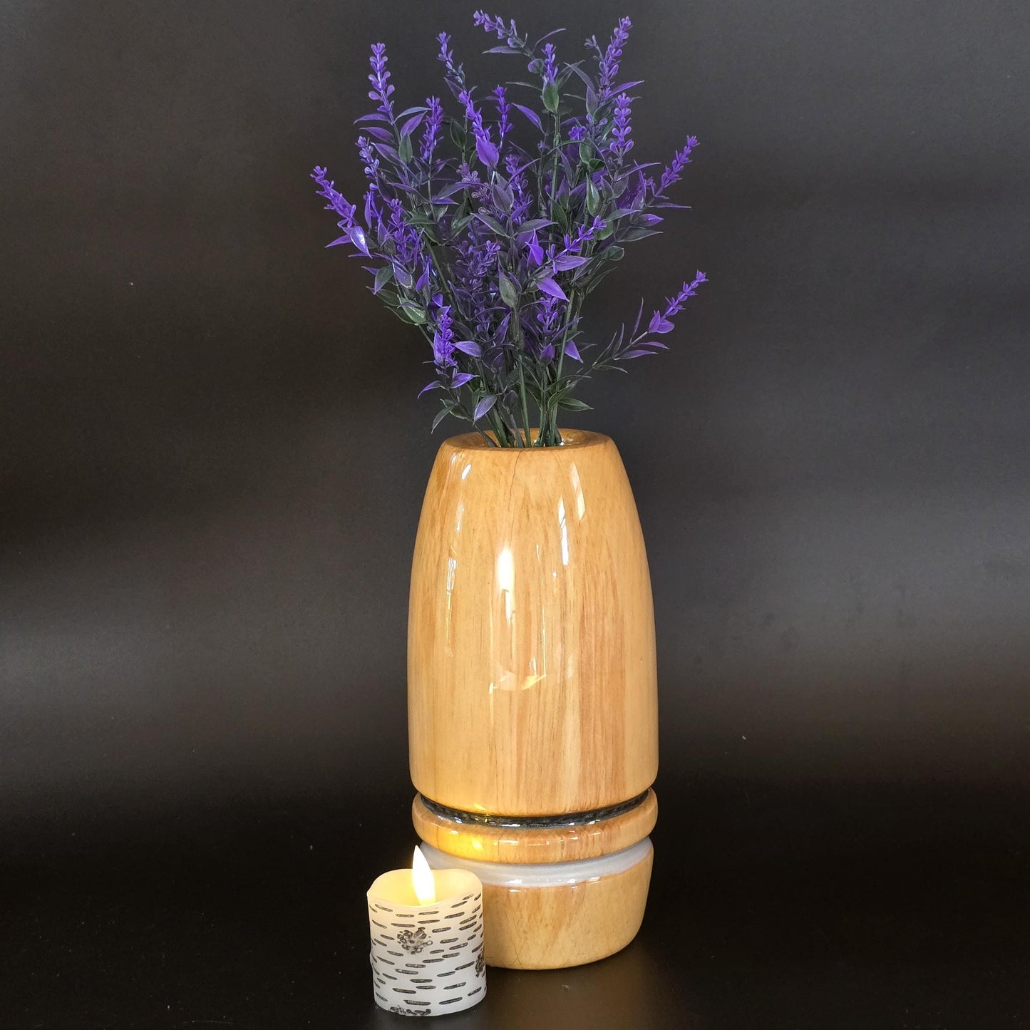 Wooden Pine Vase with Clear Water Tube and Flamesless Candle - Made in Minnesota