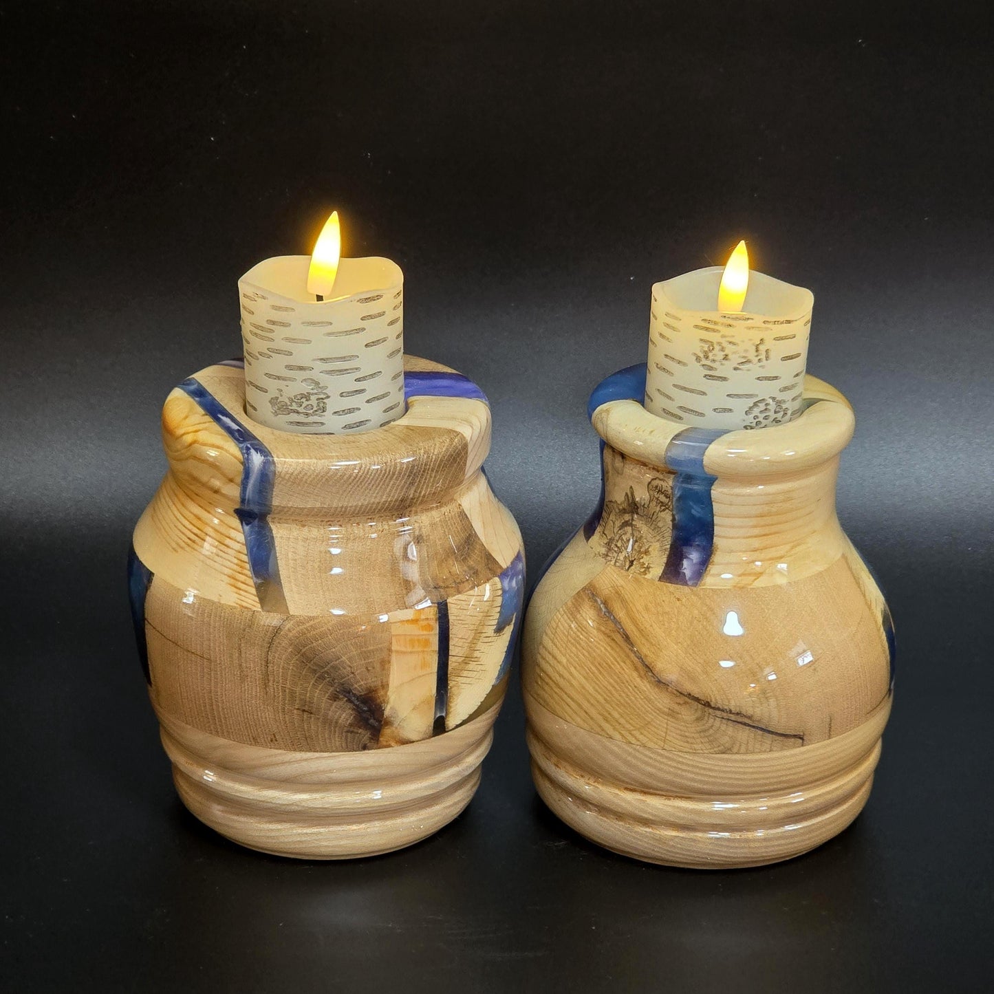 2 Chunky Wooden Candleholders - Wood & Blue Resin - flameless candles included