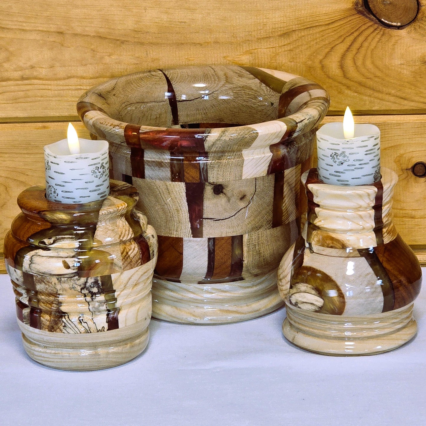 Wood and Resin Dining Table Centerpiece - Vase with 2 Candle Holders - Segmented - Minnesota Made