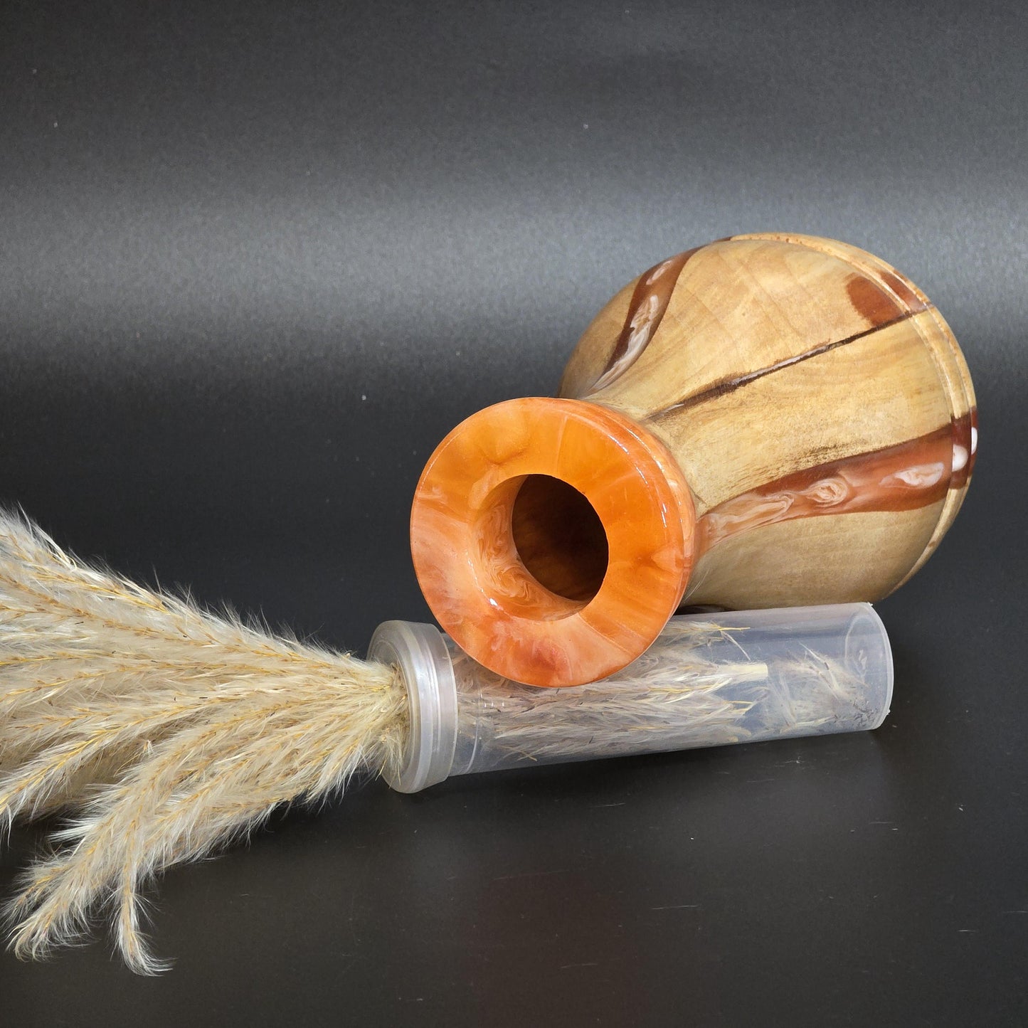 Hand Turned Wood Bud Vase - Orange resin rim - water tube included