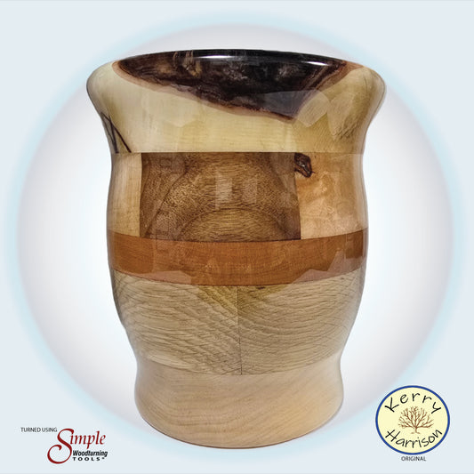 Hand turned segmented black walnut, oak, cherry and maple large wood vase